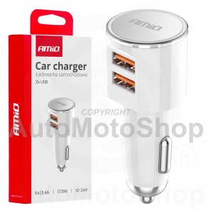 Automašīnas lādētājs 2x USB-A 3.4A 12/24V AMiO-03888