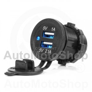 Ūdensizturīgs tālruņa lādētājs ar zilu LED indikatoru 3.1A 2xUSB 12/24V AMIO-04216