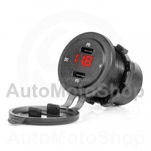 Ūdensizturīgs tālruņa lādētājs ar sarkanu LED indikatoru digitālais voltometrs 2xUSB C 12/24V AMIO-04225